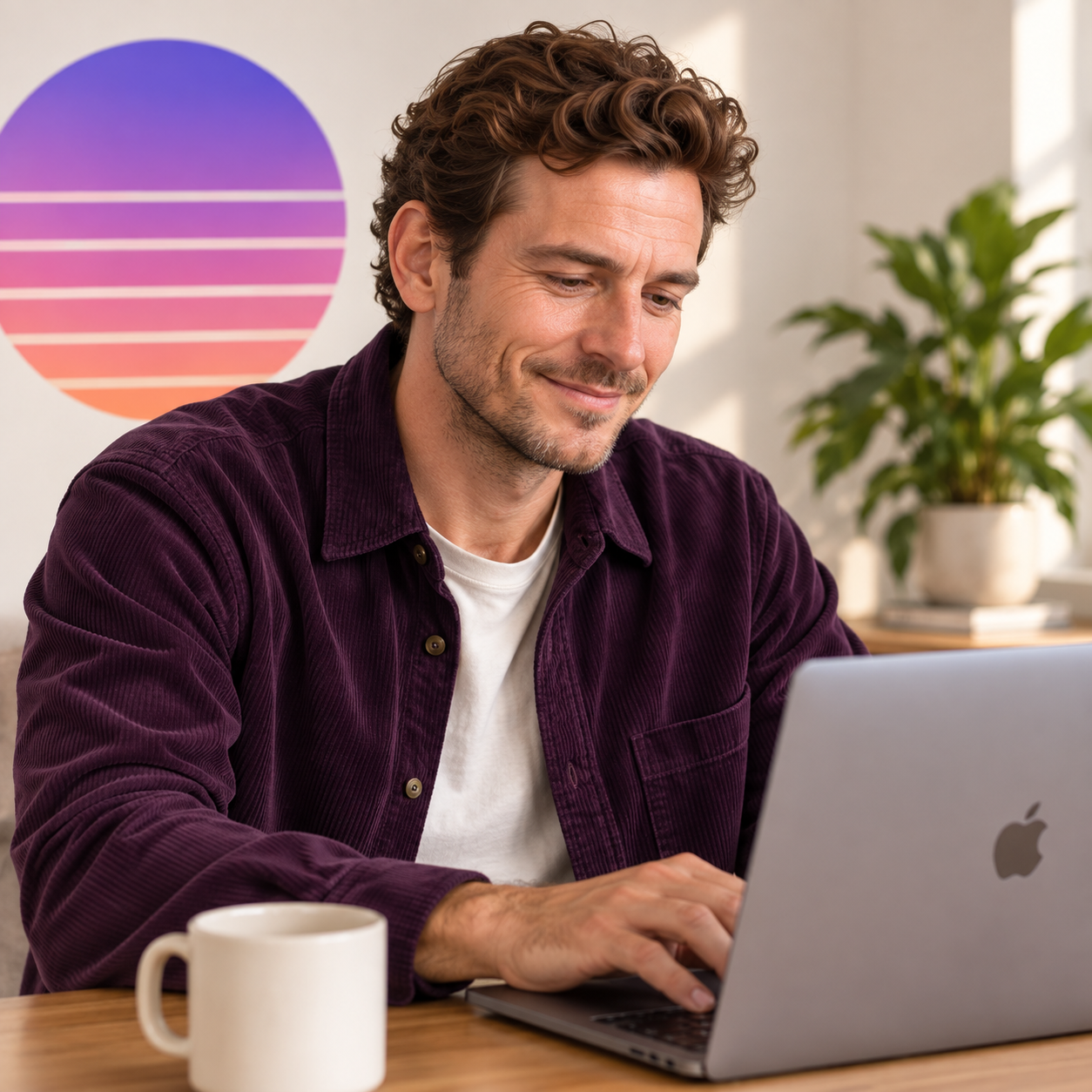Illustrative portrait of a builder working at a laptop