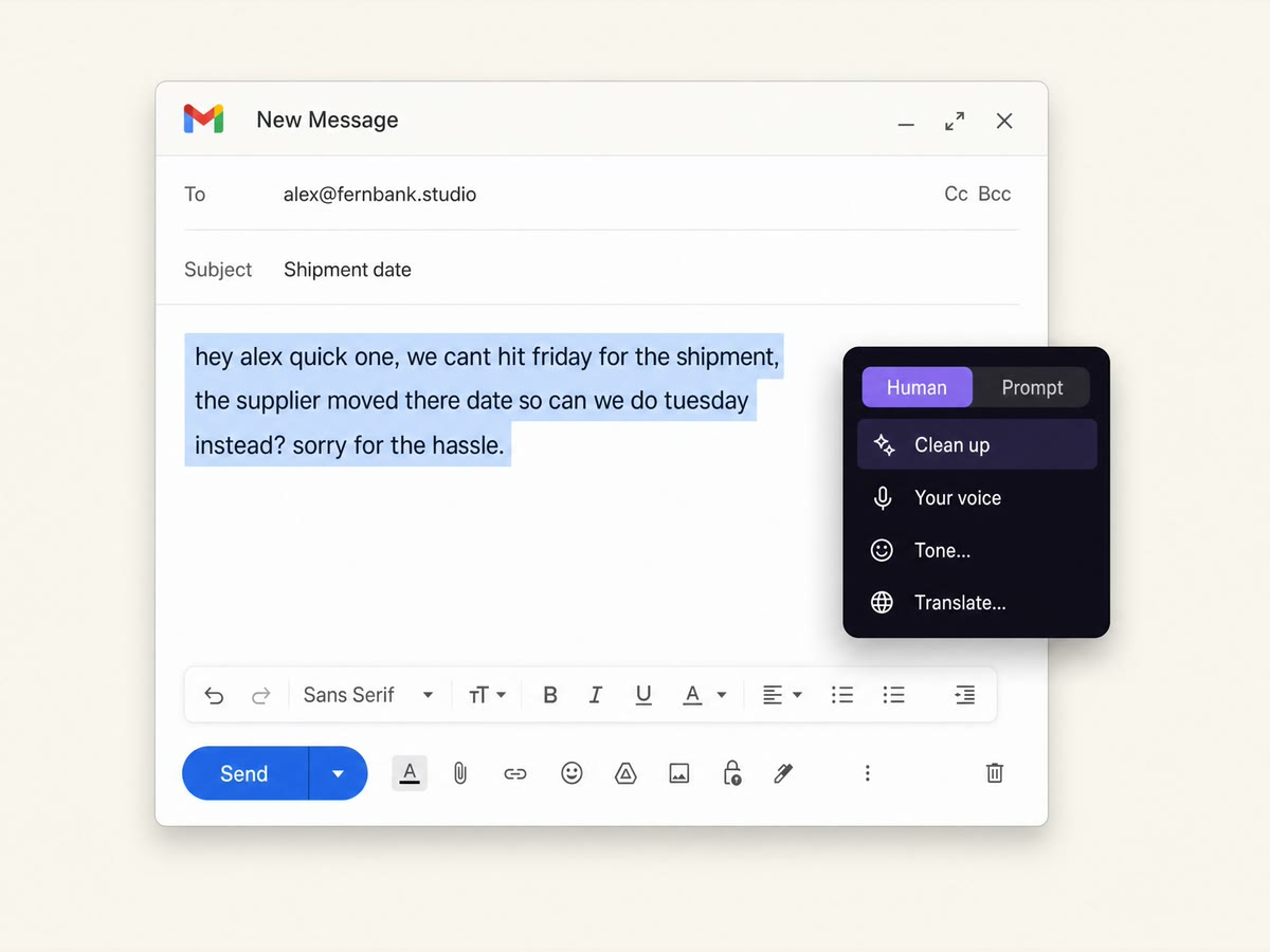 Product illustration showing writing controls next to a selected email draft