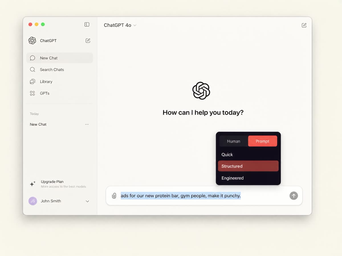 Product illustration showing the prompt modes alongside a draft in ChatGPT